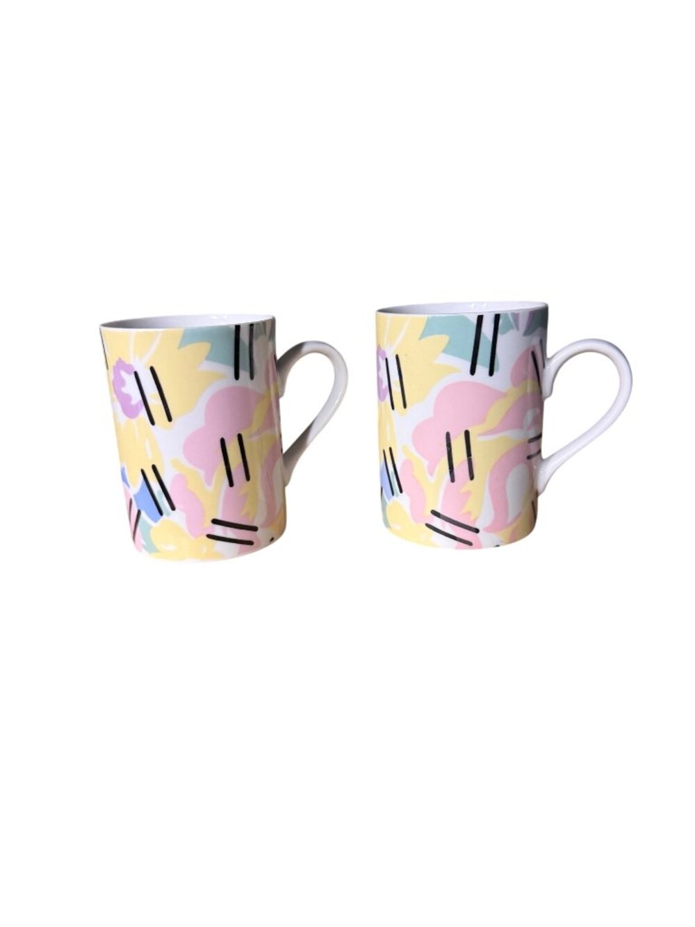 Swid Powell Set Of 2 Ceramic Mugs With Pastel Floral & Abstract Black Lines Desi
